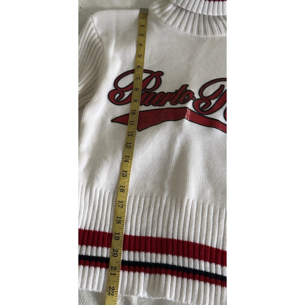 Vintage PUERTO RICO Spellout Sweater White Red Y2K Women's Large by Rave - Picture 14 of 16